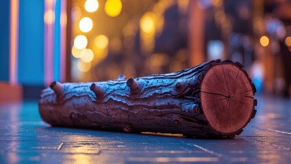 Poster - Wooden log on urban pavement with soft bokeh lights in the background creating an abstract atmospheric effect