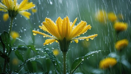 Poster - Yellow flower with droplets in rain against a blurred green background showcasing natural beauty and freshness of springtime.