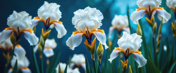 Poster - White iris flowers with orange accents surrounded by green leaves in a blurred background with a cool color palette.