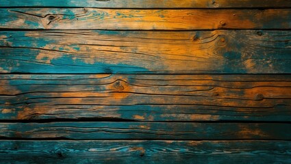 Poster - Colorful weathered wooden texture with blue and orange hues in a rustic panel pattern.