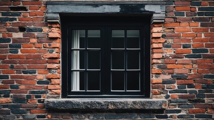 Poster - Black window on a textured brick wall featuring red and gray stones with a modern architectural design.