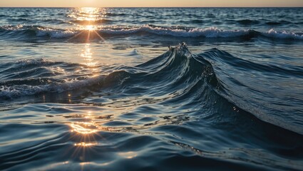 Poster - Sunset over calm ocean waves with reflections of sunlight on water surface during twilight hours.