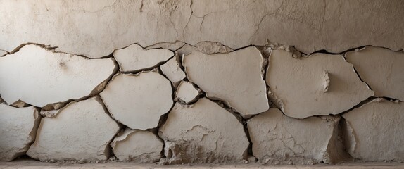 Poster - Cracked and weathered wall surface with irregular plaster and visible damage texture in neutral tones
