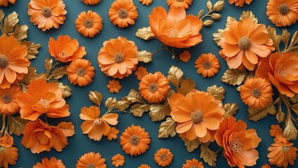 Poster - Floral arrangement of orange flowers on a teal background featuring various types and sizes of blooms and foliage.