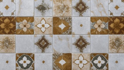 Poster - Decorative ceramic tile pattern with floral and geometric designs in white, gold, and green tones arranged in a grid layout.