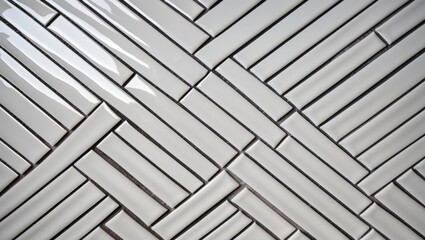 Poster - White ceramic tile mosaic in herringbone pattern with glossy finish and textured surface for interior design applications