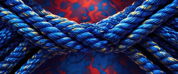 Poster - Close-up view of intertwined blue rope with golden highlights on abstract red and blue background