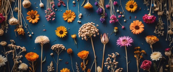 Poster - Assorted dried and fresh colorful flowers arranged on a blue background flat lay composition
