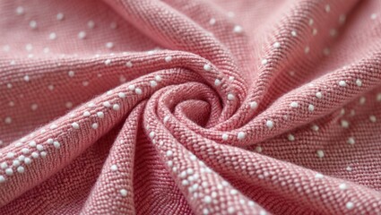 Poster - Textured pink fabric with white polka dots in a spiral arrangement showcasing textile detail and pattern.
