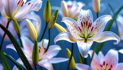 Poster - Close-up of white lilies with pink speckles and green leaves in a natural setting against a blurred blue background