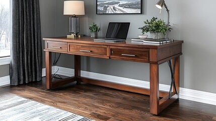 Poster - Peaceful and Organized Home Office Space with Wooden Desk Laptop Computer Decorative Potted Plant and Minimalist Desk Lamp for a Productive and Inspiring Work Environment