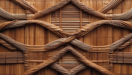 Poster - woven natural fibers texture background with intricate pattern of interlaced rattan and bamboo strands in earth tones