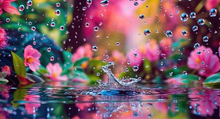 Wall Mural - Close-up of water droplets splashing in a pond surrounded by vibrant pink flowers and lush green foliage