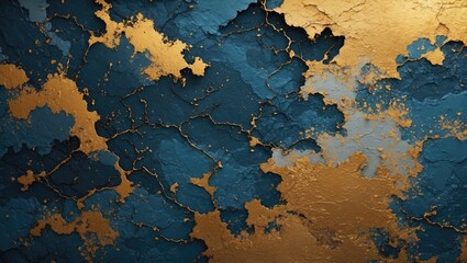 Poster - Blue and gold textured wall background with cracked paint and uneven surface patterns.