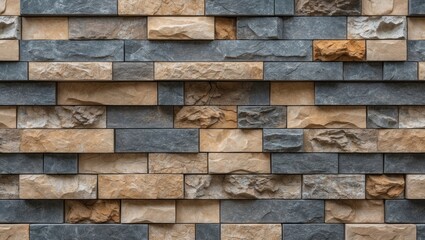 Poster - Textured wall with a blend of gray and beige stone bricks arranged in a modern pattern suitable for interior or exterior design backgrounds