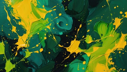 Poster - Abstract acrylic painting with splashes of green and yellow on a dark background creating a vibrant texture and dynamic movement.