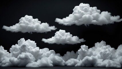 Fototapete - Realistic fluffy white clouds on a dark background creating a dramatic contrast in a 3D rendering style.