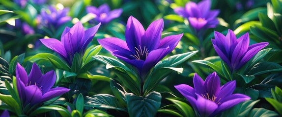 Poster - Vibrant cluster of purple flowers with green leaves under natural sunlight in a garden setting