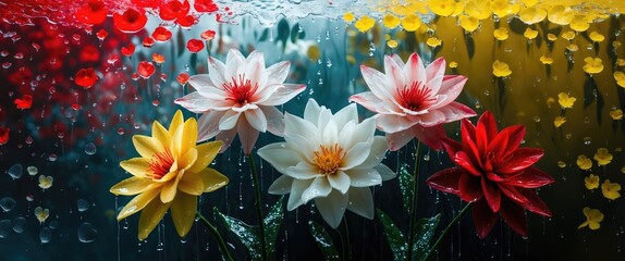 Poster - Colorful water lilies with raindrops on petals and blurred background of flowers in vibrant colors.