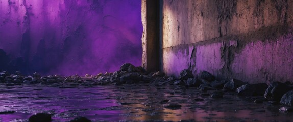 Poster - Urban underground space with textured walls, water on the ground reflecting purple light and scattered rocks in the foreground.