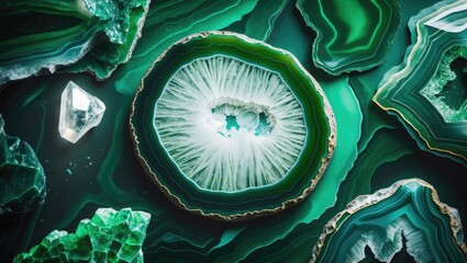 Poster - Green agate stones and crystals with intricate patterns and textures arranged artistically on a dark background for natural mineral photography.