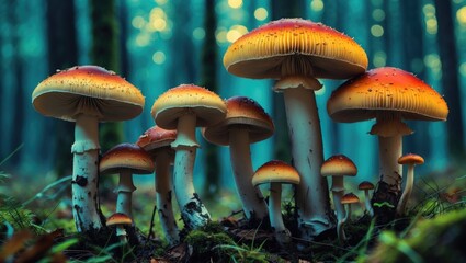 Wall Mural - group of vibrant orange and yellow mushrooms growing in a dense forest with soft bokeh background an