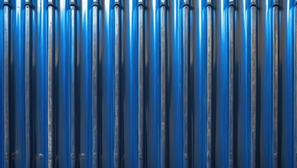 Poster - Blue metallic pipes arranged vertically creating a textured background with reflections and shadows in industrial style.
