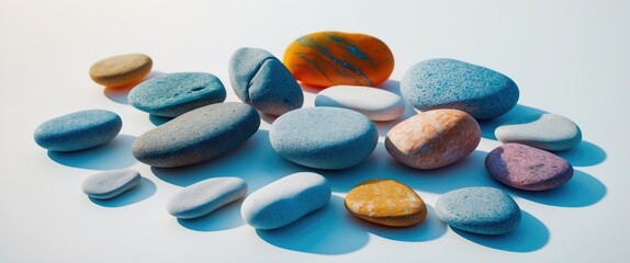 Poster - Colorful smooth stones arranged on a light background showcasing various shapes and textures in natural hues and patterns