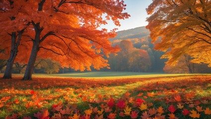 Poster - Autumn landscape with vibrant orange and red maple trees surrounding a grassy field and fallen leaves under soft morning light.
