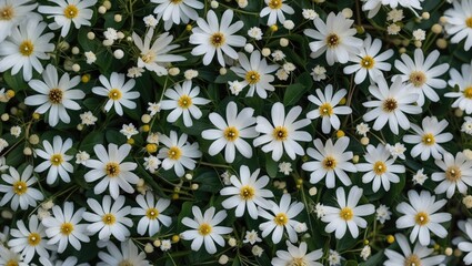 Poster - Field of white daisies with yellow centers surrounded by small green leaves and buds in a natural setting.
