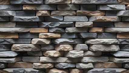 Poster - Textured wall of stacked natural stone bricks in varying shades of gray and beige creating a rustic background.