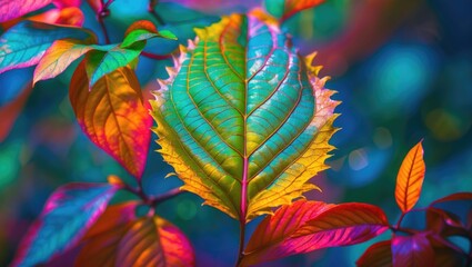 Poster - Colorful vibrant leaves with intricate textures and illuminated background in nature setting. High contrast and vivid colors displayed.
