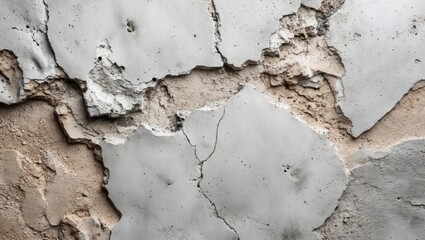 Poster - Cracked and peeling paint on textured wall surface showing layers of gray and beige concrete with visible damage and deterioration