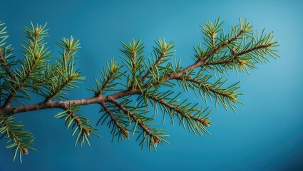 Poster - Close-up of a fresh conifer branch with green needles isolated on a blue background displayed in natural light