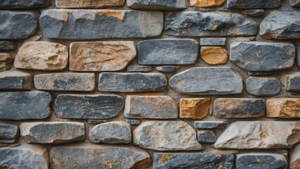 Poster - Textured stone wall with various sizes and colors of stones including gray, beige, and brown arranged in a pattern.