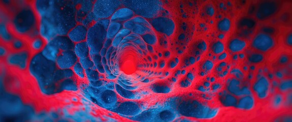 Fototapete - Abstract colorful 3D vortex with red and blue patterns and textures in a swirling design giving a sense of depth and movement.