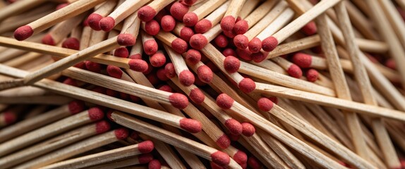Poster - Close-up of a pile of wooden matchsticks with red tips arranged randomly on a flat surface