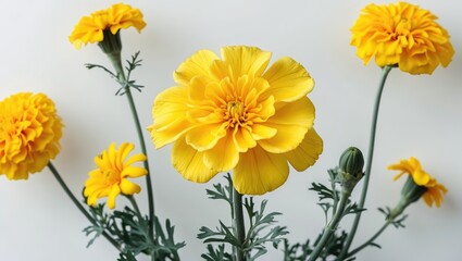 Poster - Bright yellow flowers with green foliage arranged on a light background showcasing vibrant marigold blooms in various stages of flowering.