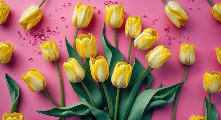 Poster - Yellow tulips arranged on pink background with water droplets, floral composition, vibrant color contrast, decorative elements.