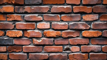 Poster - Red brick wall texture with uneven surfaces and various shades of red and brown in a close-up view