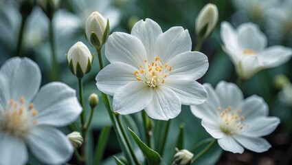 Wall Mural - White flowers with delicate petals and yellow stamen surrounded by green foliage in a natural garden setting.