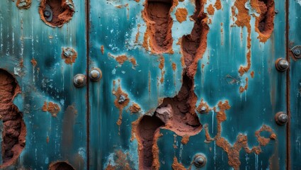 Poster - Weathered metal surface with corrosion and peeling paint revealing rust underneath