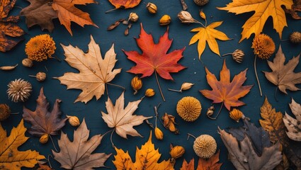 Poster - Autumn leaves in various colors arranged on blue wooden background with acorns and dried flowers flat lay composition