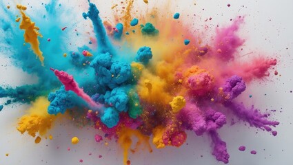 Poster - Colorful powder explosion on white background creating a vibrant abstract art composition with yellow blue pink and purple hues