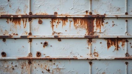 Poster - Rusty metal panels with peeling paint and corrosion marks on a weathered surface