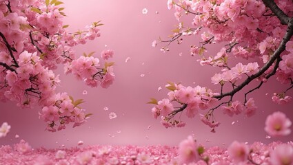 Poster - Pink cherry blossom branches with petals against a soft pink background in a serene floral landscape.