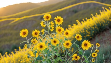Poster - Sunflower field in evening light with vibrant yellow blooms and gentle hills in the background under soft sunlight
