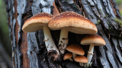 Poster - Mushrooms growing on a textured tree bark in a natural forest setting with earthy tones and details of caps and gills