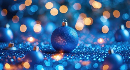 Poster - Blue glittering Christmas ornaments with blurred colorful lights background during festive season.