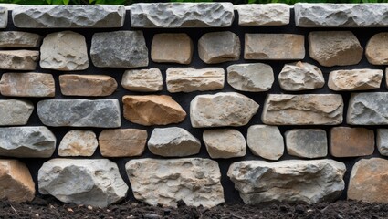 Poster - Textured stone wall with varied sizes and colors of natural stones arranged in a geometric pattern against a dark background